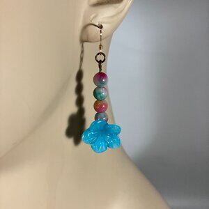 Handcrafted Carved Plumeria Flower Jade Earrings w Watermelon Jade Beads 1-1/2"L